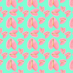 Pattern of a pink flower of different sizes on a green background.