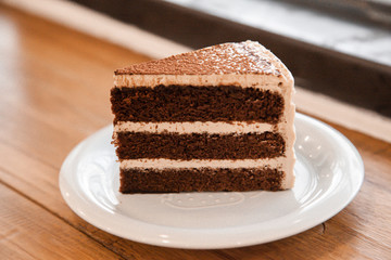 Sliced of coffee and chocolate layer cake