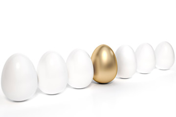 Golden egg in row of the white eggs soft focus on white background 3d rendering. 3d illustration idea and luxury of happy easter eggs holiday card template minimal concept.