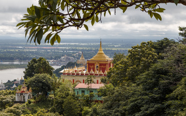 Myanmar (Burma). Landscape with beautiful temples over the river.