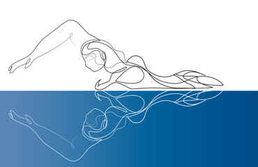 One continuous line drawing of swimming woman. Woman swimming in blue water.