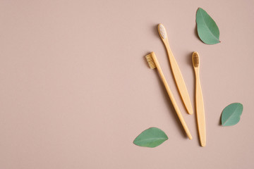 Eco-friendly bamboo toothbrushes and green leaves on brown background. Flat lay, top view. Zero waste, plastic free concept. Sustainable lifestyle.