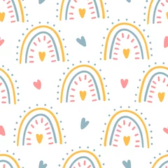 Tapeten Handgezeichnetes nahtloses Muster des Kinderregenbogens für Druck-, Textil-, Bekleidungsdesign. Trendiges Kindermuster mit Herzen. © Hanifa_design