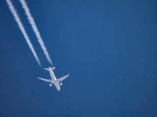 Commercial aircraft flying in the blue sky,