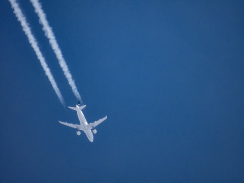 Commercial aircraft flying in the blue sky,