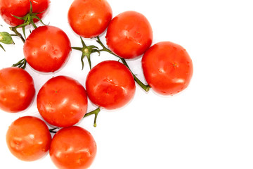 Fresh and juicy red tomatoes lie green branches down on a white background