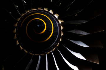 Aircraft black turbojet engine closeup