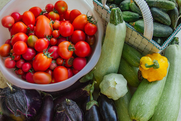 Fresh organic vegetables and fruits in a basket on a table in the garden. Healthy eating Eggplant, squash, cucumbers, tomatoes, zucchini. Vegetables on the salad.