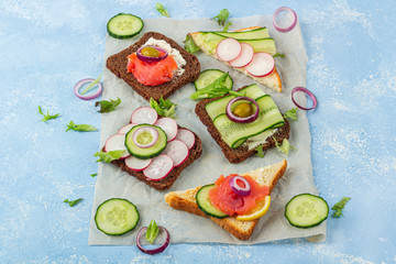 Appetizer, open sandwich with different toppings: salmon and vegetables on a paper on blue background. Traditional Italian or Scandinavian snack. Healthy eating. Close up, copy space for text