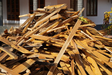 Broken long chunks of tree trunk. Close up broken pieces of wood. Pine timber wood chip. Broken...