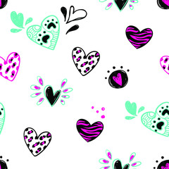 Abstract seamless hearts pattern. Valentines day wrapping paper. Romantic repeat print with tiger and leopard skin ornament inside shape.