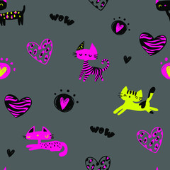Abstract seamless cats pattern. Kitten repeated print. Happy valentines day wrapping paper with animals. Cute repeat ornament for fashion textile, clothes.
