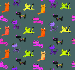 Abstract seamless cats pattern. Kitten repeated print. Pets repeat ornament for fashion textile, clothes, wrapping paper.
