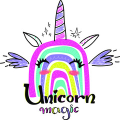 Unicorn rainbow t shirt design. Colorful illustration witn Calligraphic text and funny magic animal character.