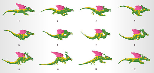 Dragon Run cycle animation frames, loop animation sequence sprite sheet 