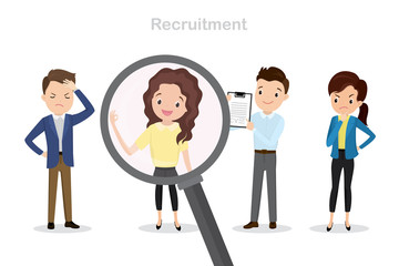 Magnifying glass and candidates for the job,recruitment concept,multicultural characters