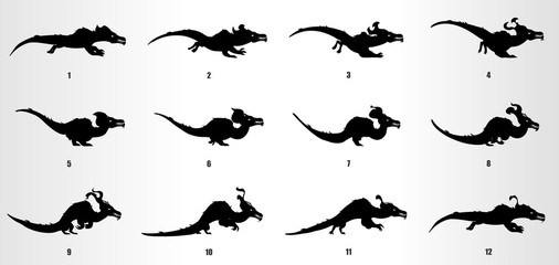 Dragon Run cycle animation frames silhouette, loop animation sequence sprite sheet 