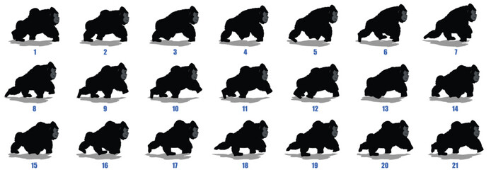 gorilla walk cycle animation frames silhouette, loop animation sequence sprite sheet  © AryanRaj