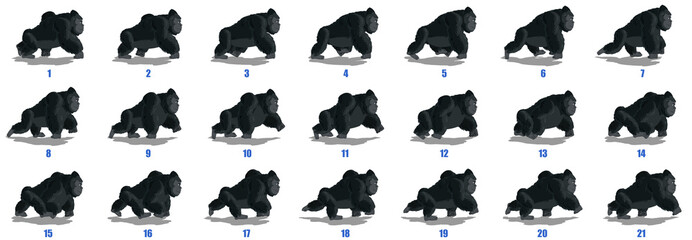 gorilla walk cycle animation frames, loop animation sequence sprite sheet 