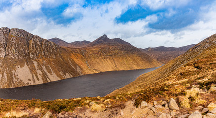 Ben Crom reservoir and Slieve Bearnagh mountainseen from Slieve Binnian, Mourne mountains, County Down, Northern Ireland