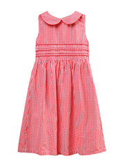 Red checked summer child girl's dress isolated,nobody.