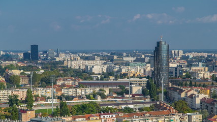 Fototapeta na wymiar Panorama of the city center timelapse of Zagreb, Croatia, with modern and historic buildings, museums in the distance.