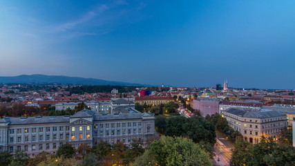 Panorama of the city center timelapse shoot from top of the skyscraper with a view to the intersection in front of national theater and museum in Zagreb, Croatia.