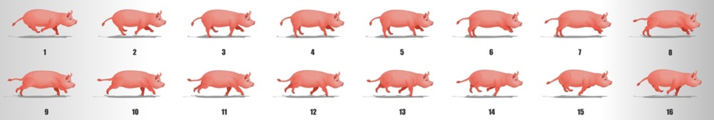 Pig run cycle animation frames, loop animation sequence sprite sheet 