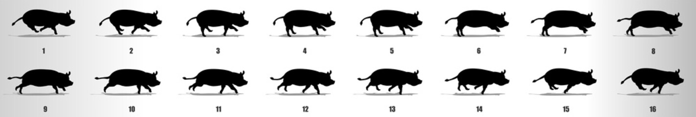 Pig run cycle animation frames silhouette, loop animation sequence sprite sheet 