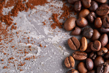 Food background Coffee beans on a gray stone table Copy space
