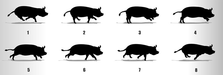 Pig run cycle animation frames silhouette, loop animation sequence sprite sheet 