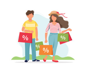 Man and woman with shopping bags, spring sale concept. Cute vector illustration in flat style