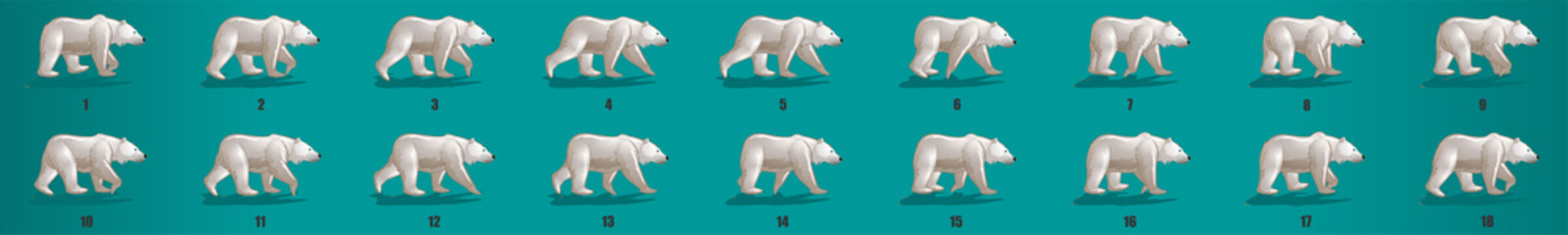 Bear Walk cycle animation frames, loop animation sequence sprite sheet 