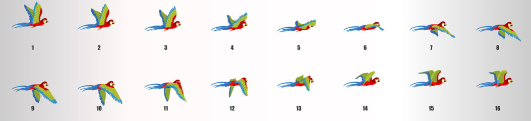 Parrot flying animation sequence, loop animation sprite sheet 