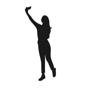 Young woman taking a selfie pose full body silhouette. Standing girl photographing herself. Video calling. Influencer vlogging and making video - Simple vector illustration.