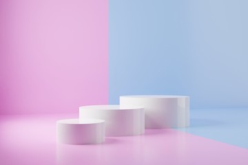 Three white cylinders on pink and blue background. Light scene for product presentation.