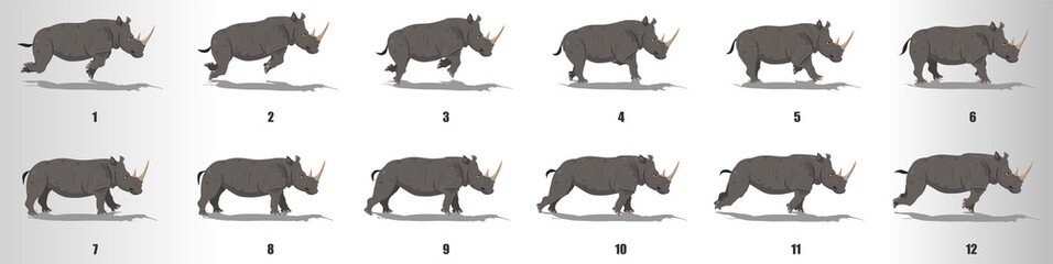 Rinoceros run cycle animation frames, loop animation sequence sprite sheet  © AryanRaj
