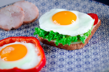 Traditional breakfast. The fried eggs with ham, salad and toast lies on a large plate