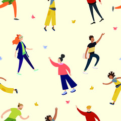 Vector colorful seamless background with human characthers and small birds.