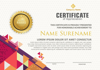 modern certificate template with triangle with halftone on line ornament on pattern background.