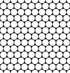 Seamless monochrome hexagonal grid pattern of circles, honeycom. Simple geometric texture for fabric, clothing. Vector
