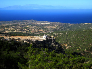 Fototapeta na wymiar View of Kastri church and landscape. Gavdos Island. Kreta in the distance. Greece. 