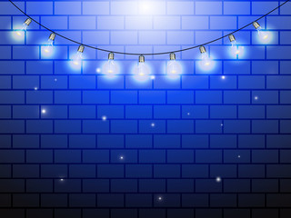 Light bulbs garland on a blue brick background. Vector stock illustration for poster or banner