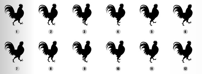 Cock Walk Cycle animation sequence Silhouette, loop animation sprite sheet