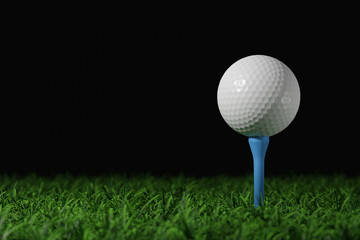 Golf ball on grass side view. night lights. 3D rendering