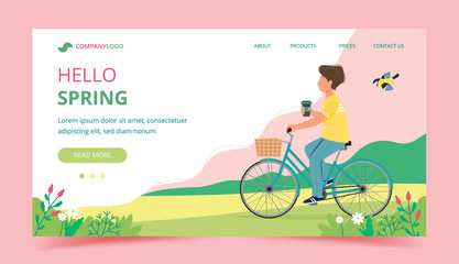 Man riding a bike in spring. Landing page template. Cute vector illustration in flat style. © Biscotto Design