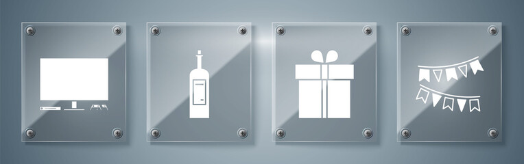 Set Carnival garland with flags , Gift box , Bottle of wine and Video game console . Square glass panels. Vector