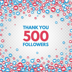 500 followers thank you banner. Celebrate new 500 number of subscribers. Web blogging congratulation card. Social media concept. Like and thumbs up icons. Achievement poster. Vector illustration - obrazy, fototapety, plakaty
