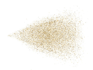 Gold glitter spray on white background. Glowing drops in motion. Golden magic star dust. Light particles. Bright glitter explosion. Sparkling firework. Vector illustration