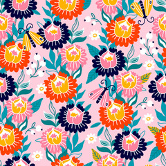 Fototapeta na wymiar Colorful seamless pattern with butterfly and flowers. Can be used for printing on fabric and paper and other surfaces. Hand drawn cartoon illustration.